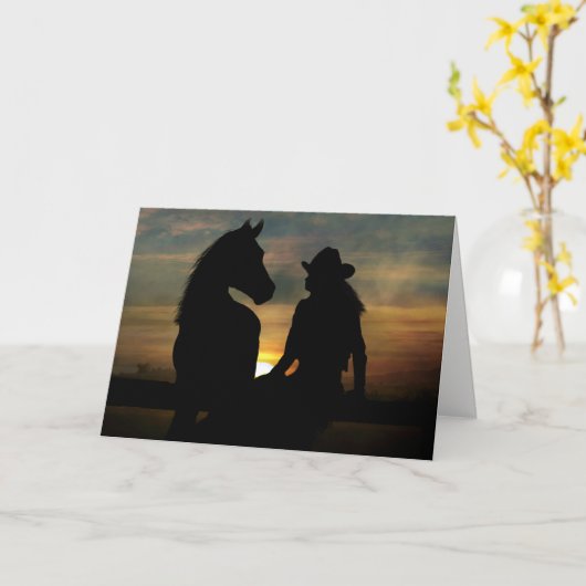 女性のカーボーイおよび馬のハッピーバースデーカード カード (黄色い花)