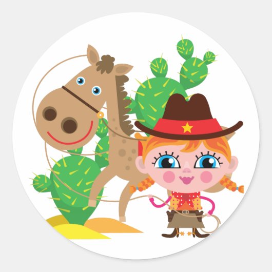 女性のカーボーイおよび馬 ラウンドシール (正面)