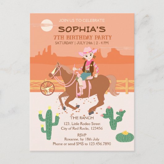 女性のカーボーイかわいらしと馬の誕生日パーティー インビテーションポストカード (正面)