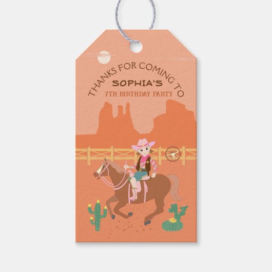 女性のカーボーイかわいらしと馬の誕生日パーティー ギフトタグ (正面)