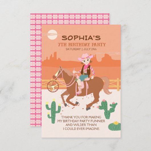 女性のカーボーイかわいらしと馬の誕生日パーティー サンキューカード (正面/裏面)
