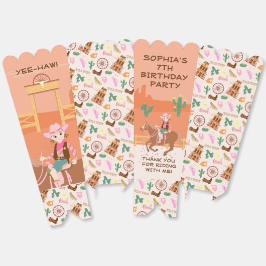 女性のカーボーイかわいらしと馬の誕生日パーティー フェイバーボックス (見開き)