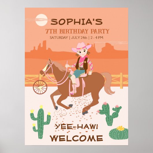女性のカーボーイかわいらしと馬の誕生日パーティー ポスター (正面)