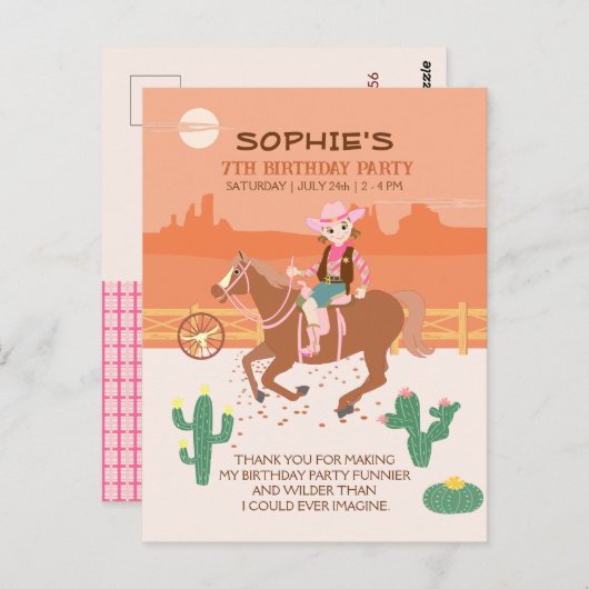 女性のカーボーイかわいらしと馬の誕生日パーティー ポストカード (正面/裏面)