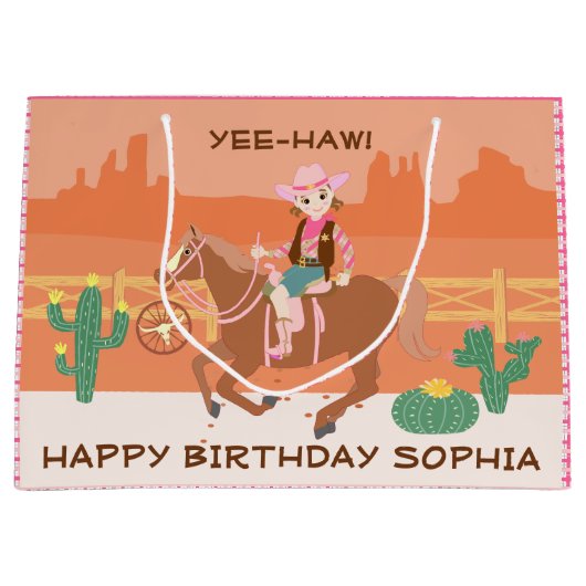 女性のカーボーイかわいらしと馬の誕生日パーティー ラージペーパーバッグ (正面)