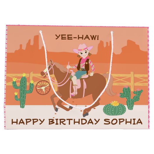 女性のカーボーイかわいらしと馬の誕生日パーティー ラージペーパーバッグ (裏面)