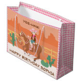 女性のカーボーイかわいらしと馬の誕生日パーティー ラージペーパーバッグ (正面アングル)