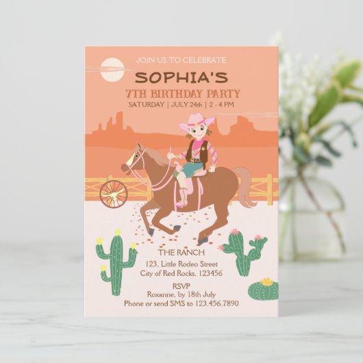 女性のカーボーイかわいらしと馬の誕生日パーティー 招待状 (スタンド正面)