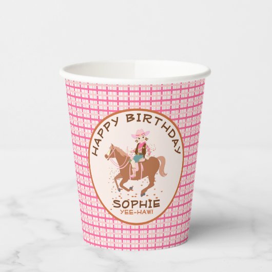女性のカーボーイかわいらしと馬の誕生日パーティー 紙コップ (左)