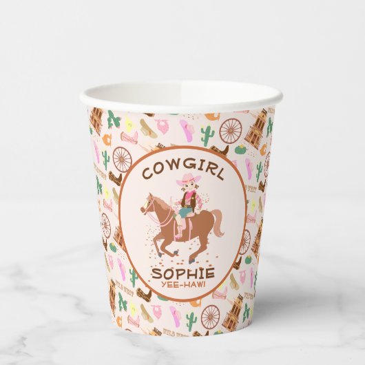 女性のカーボーイかわいらしと馬の誕生日パーティー 紙コップ (左)
