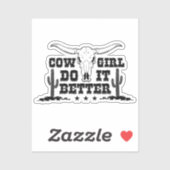 女性のカーボーイそれを行う長い角の芸術と牛のスカル シール (シート)