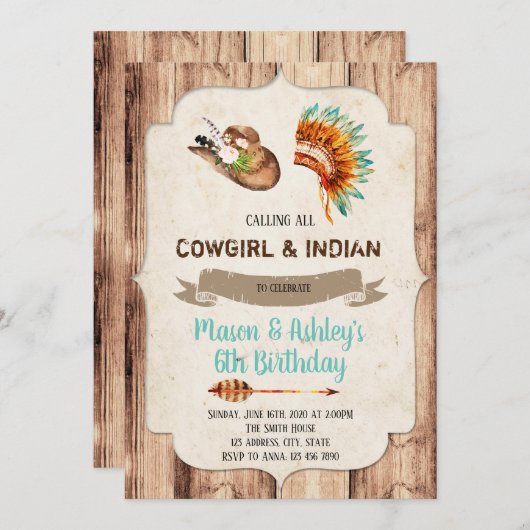 女性のカーボーイとインディアンパーティの招待状 招待状 (正面/裏面)