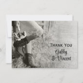 女性のカーボーイとサンフラワーズカントリーWestern Thank You ノートカード (正面)