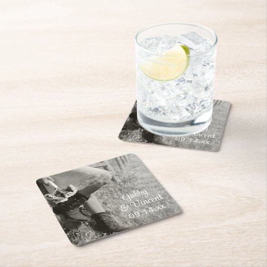 女性のカーボーイとヒマワリの国の結婚式 スクエアペーパーコースター (インサイチュ)