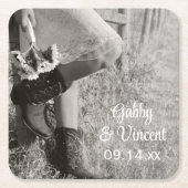 女性のカーボーイとヒマワリの国の結婚式 スクエアペーパーコースター (正面)