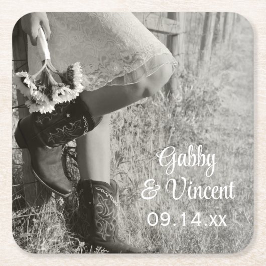 女性のカーボーイとヒマワリの国の結婚式 スクエアペーパーコースター (正面)