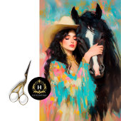 女性のカーボーイとブラックスタリオンデクページ 薄葉紙