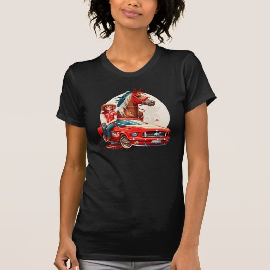 女性のカーボーイとマスタンカーホース Tシャツ (正面)
