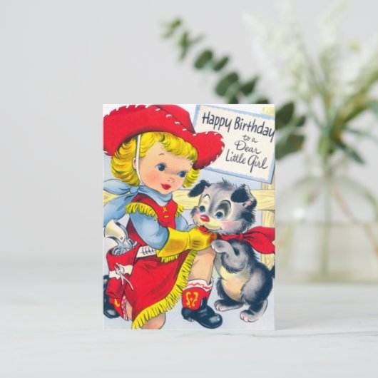 女性のカーボーイと子犬の誕生日 ポストカード (スタンド正面)