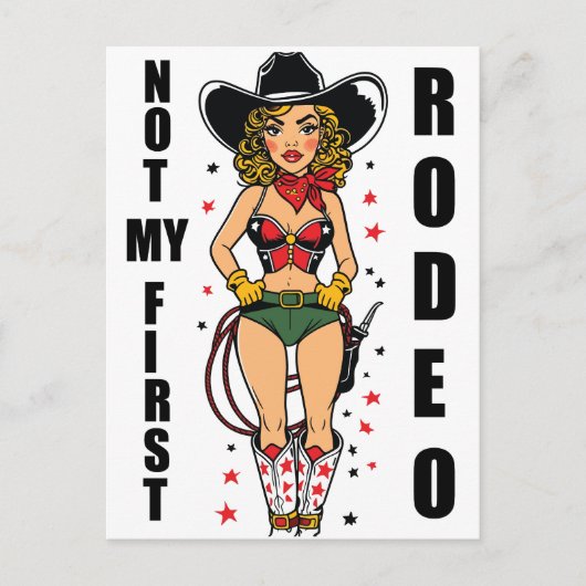 女性のカーボーイと引用文Not My First Rodeo ポストカード (正面)