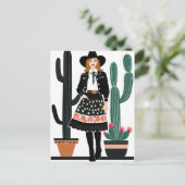 女性のカーボーイと鉢植えサボテンの植物 ポストカード (スタンド正面)