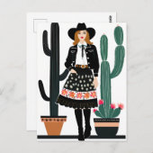女性のカーボーイと鉢植えサボテンの植物 ポストカード (正面/裏面)