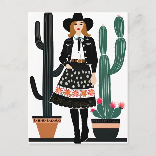 女性のカーボーイと鉢植えサボテンの植物 ポストカード (正面)