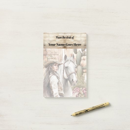 女性のカーボーイと馬の水色サボテンフローラ ポストイット (デスク上)