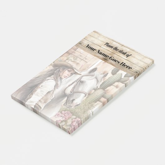 女性のカーボーイと馬の水色サボテンフローラ ポストイット (アングル)