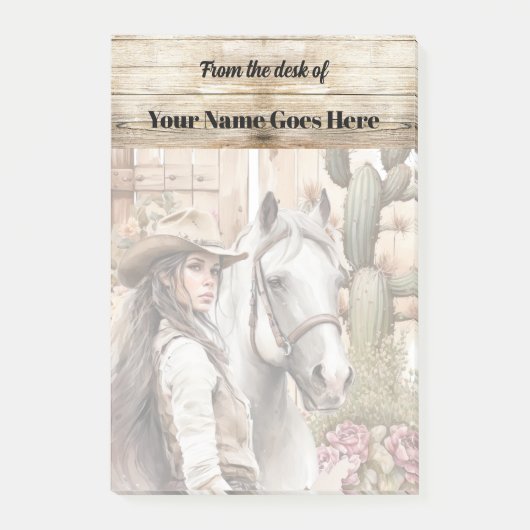 女性のカーボーイと馬の水色サボテンフローラ ポストイット (正面)