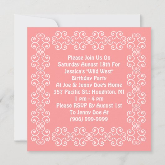 女性のカーボーイのバンダナのピンクの招待状は西部のパーティー行きます 招待状 (裏面)
