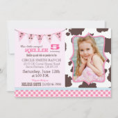 女性のカーボーイのピンクのギンガムの点検の西部のテーマの誕生日 招待状 (正面)