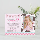 女性のカーボーイのピンクのギンガムの点検の西部のテーマの誕生日 招待状 (スタンド正面)