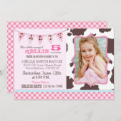 女性のカーボーイのピンクのギンガムの点検の西部のテーマの誕生日 招待状 (正面/裏面)