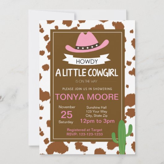 女性のカーボーイのピンクのベビーシャワーの招待状 招待状 (正面)