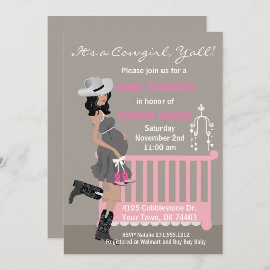 女性のカーボーイのベビーシャワーの招待状-アフリカ系アメリカ人 招待状 (正面/裏面)