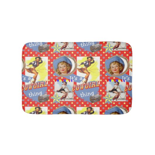 女性のカーボーイの事をロープをかけているヴィンテージの女性のカーボーイ バスマット (正面)
