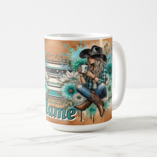 女性のカーボーイの帽子とフローラデザイン コーヒーマグカップ (正面右)