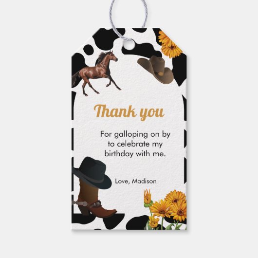 女性のカーボーイの最初のロデオのバースデー感謝していタユー ギフトタグ (正面)