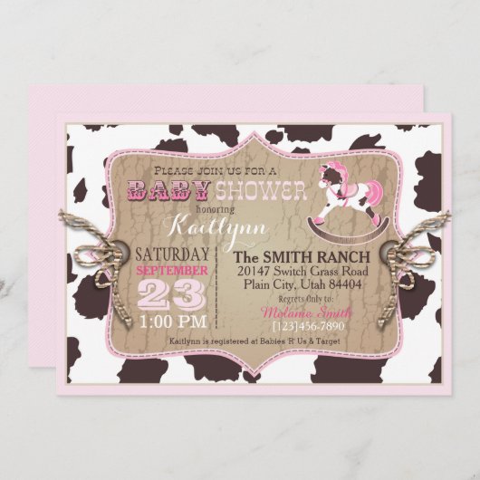 女性のカーボーイの西部の揺り木馬のベビーシャワー 招待状 (正面/裏面)