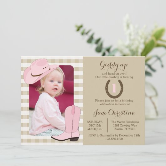 女性のカーボーイの誕生日の写真の招待状 招待状 (スタンド正面)