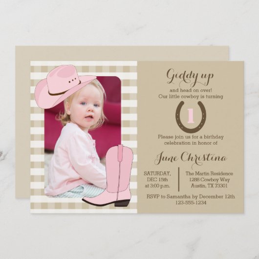女性のカーボーイの誕生日の写真の招待状 招待状 (正面/裏面)