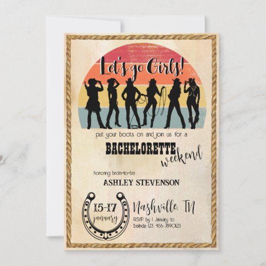 女性のカーボーイは女の子のヴィンテージ素朴な週末を行遠くにく 招待状 (正面)