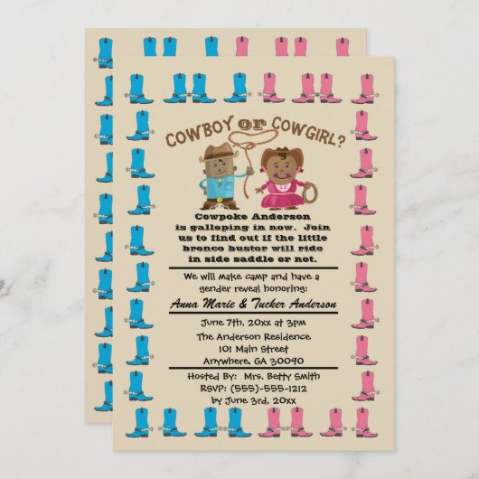 女性のカーボーイまたはカウボーイのジェンダーリビールパーティの招待状 招待状 (正面/裏面)