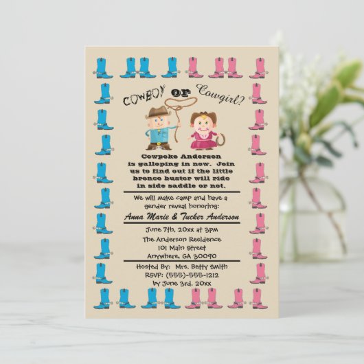 女性のカーボーイまたはカウボーイの性はパーティの招待状を明らかにします 招待状 (スタンド正面)