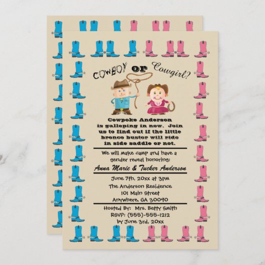 女性のカーボーイまたはカウボーイの性はパーティの招待状を明らかにします 招待状 (正面/裏面)