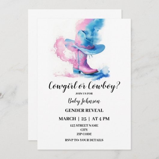 女性のカーボーイまたはカウボーイの西ジェンダーの表示の招待 招待状 (正面/裏面)
