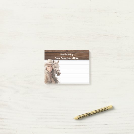 女性のカーボーイを着ているステットソン水色の馬の西 ポストイット (デスク上)