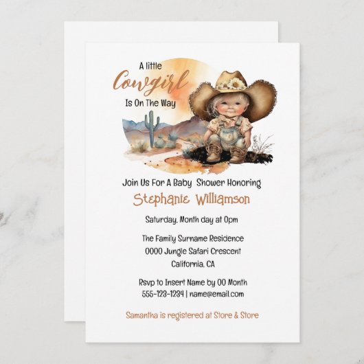 女性のカーボーイを着てカウボーイのブーツ帽をテキサス州ベビー 招待状 (正面/裏面)