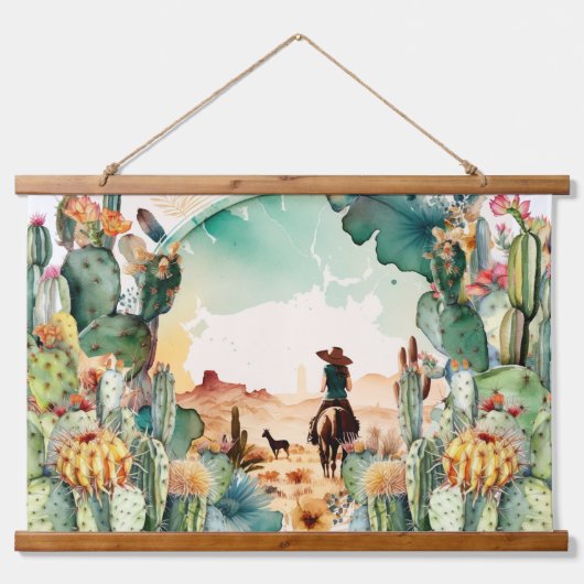 女性のカーボーイアウトトリード水の色の砂漠サボテンの装飾 吊り下げ型タペストリー (正面)